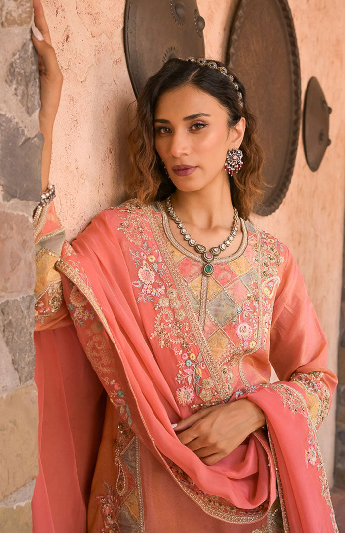 Peach Mehfil | Embroidered Suit Set By Ankhira