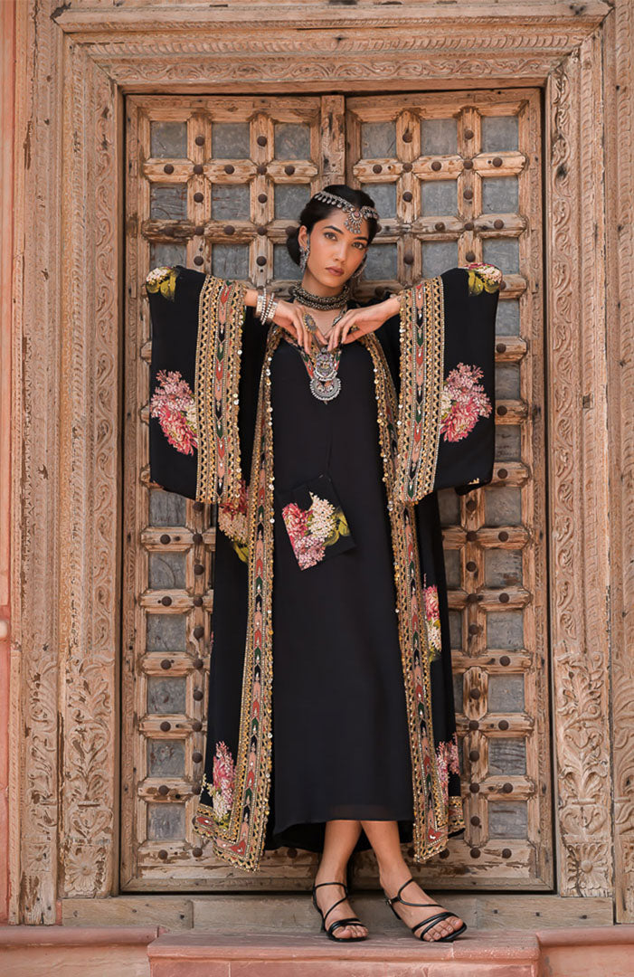 Black Gulaboo | Black Floral Embroidered Long Cape Jacket Set Suit By Ankhira