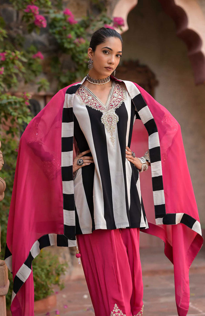 Gulabooo | Striped Embroidered Suit Set with Pink Dupatta By Ankhira