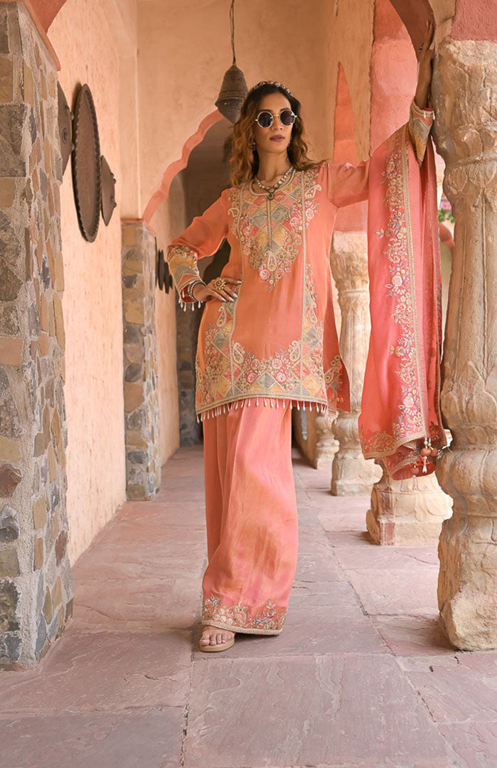 Peach Mehfil | Embroidered Suit Set By Ankhira