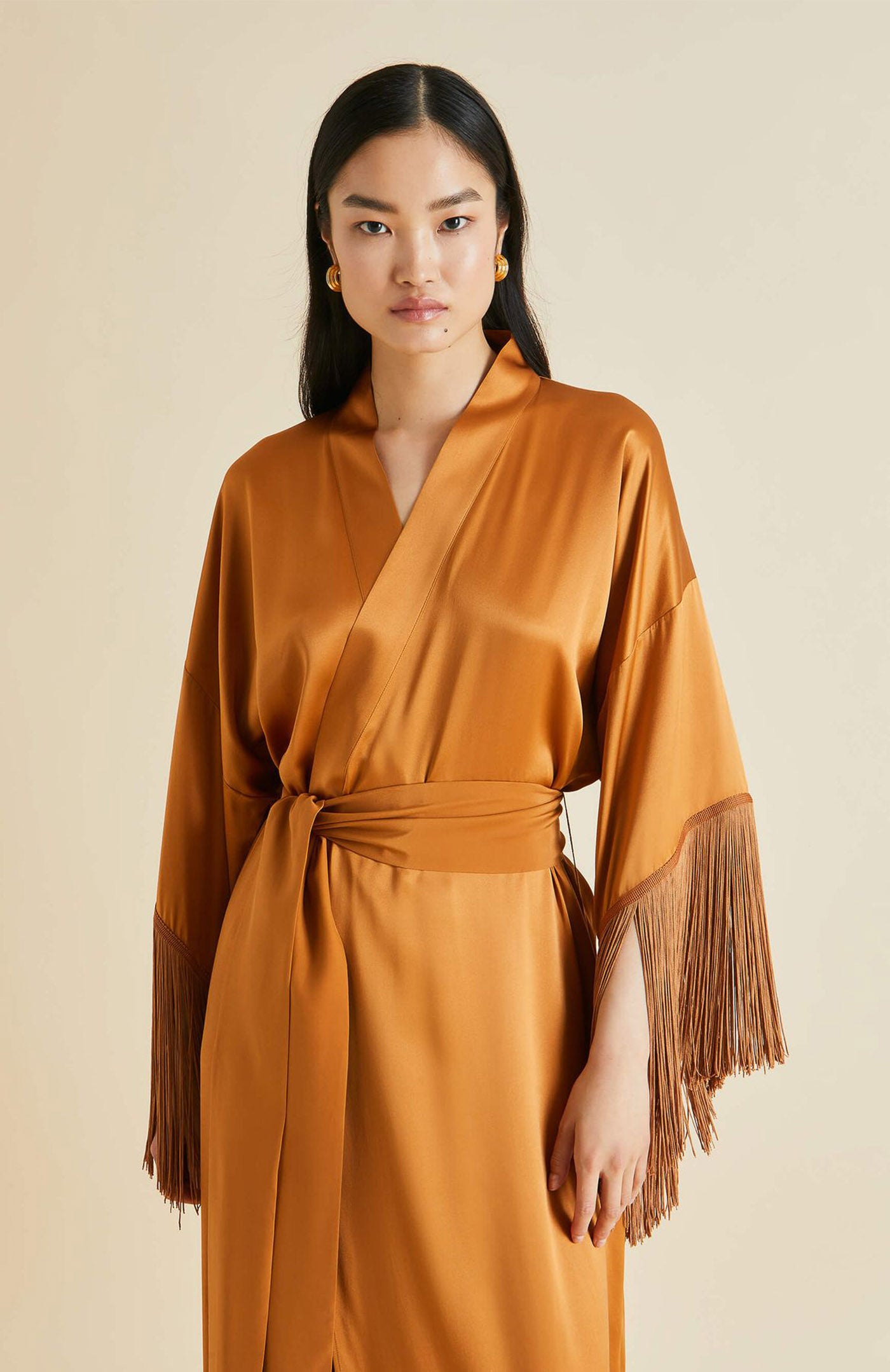 Golden Bronze | Luxury Fringed Silk Satin Long Robe