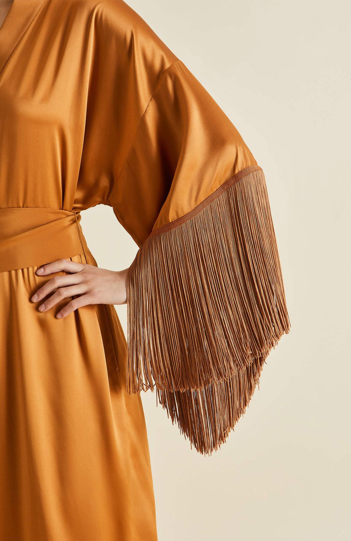 Golden Bronze | Luxury Fringed Silk Satin Long Robe