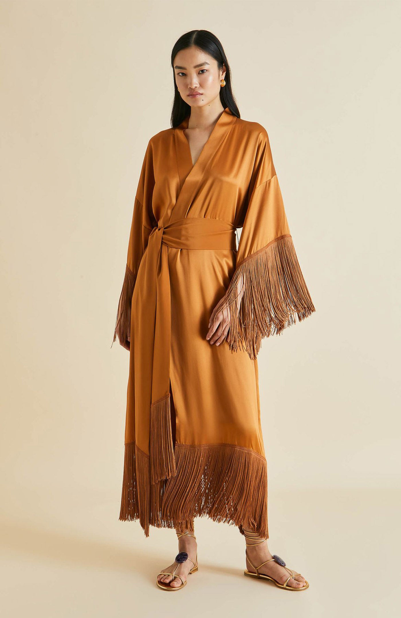 Golden Bronze | Luxury Fringed Silk Satin Long Robe