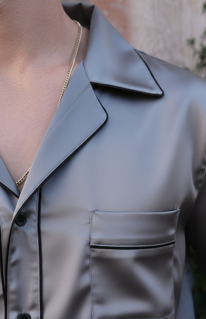 The Chrome Command | Silver with Black Detailing | Satin Loungewear Set