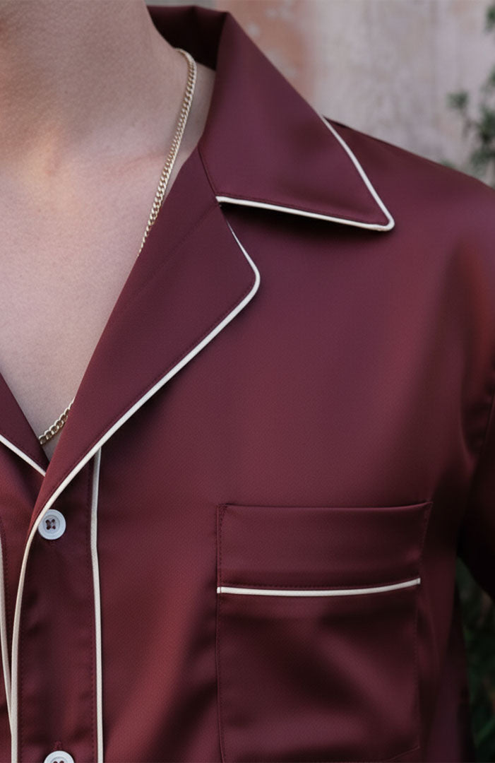 The Vino Valenti | Wine Red with Gold Detailing | Satin Loungewear Set