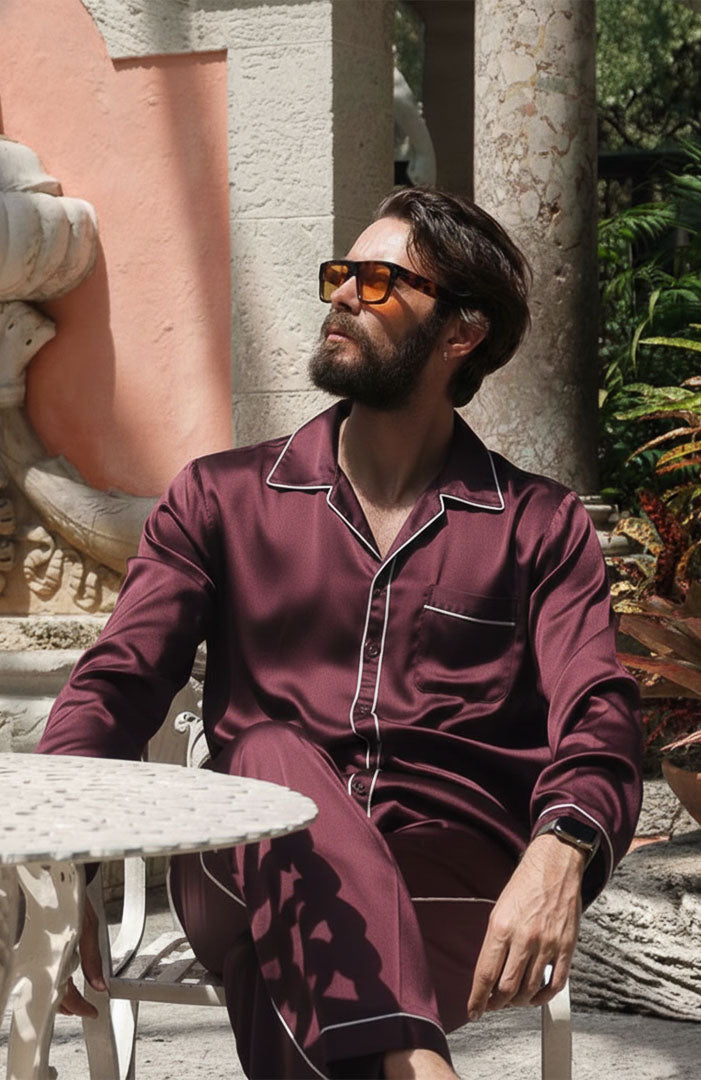 The Vino Valenti | Wine Red with Gold Detailing | Satin Loungewear Set