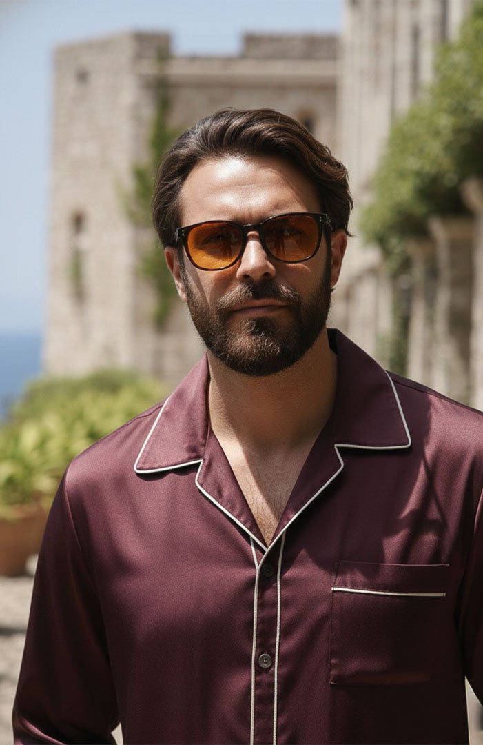 The Vino Valenti | Wine Red with Gold Detailing | Satin Loungewear Set