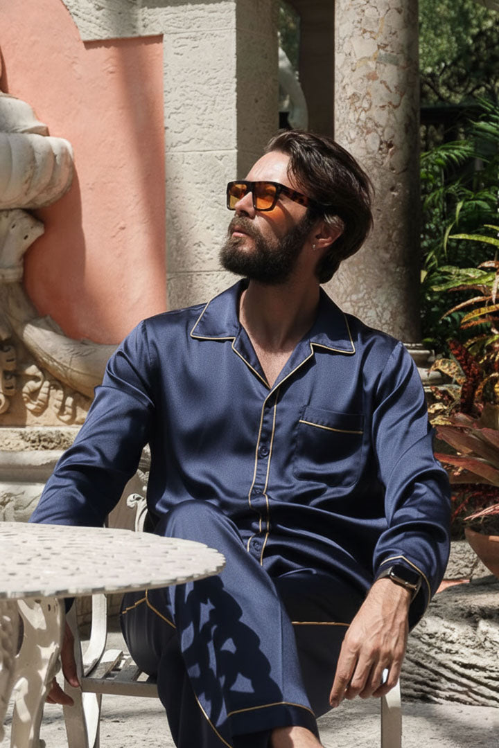 The Syndicate | Blue with Gold Detailing | Satin Loungewear Set