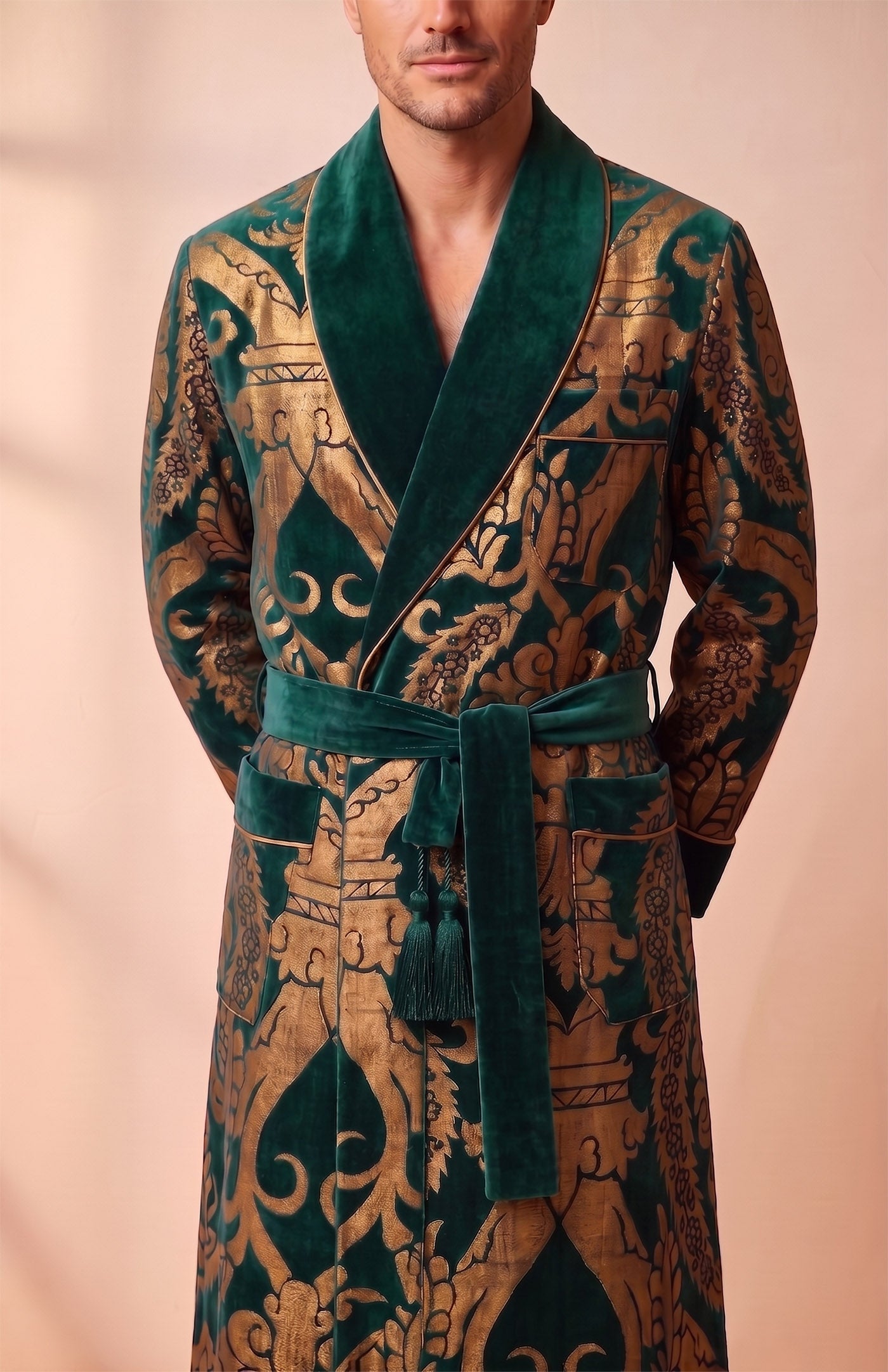 The Mysore Royal | Green Gold Foiled Quilted Velvet Robe for Men