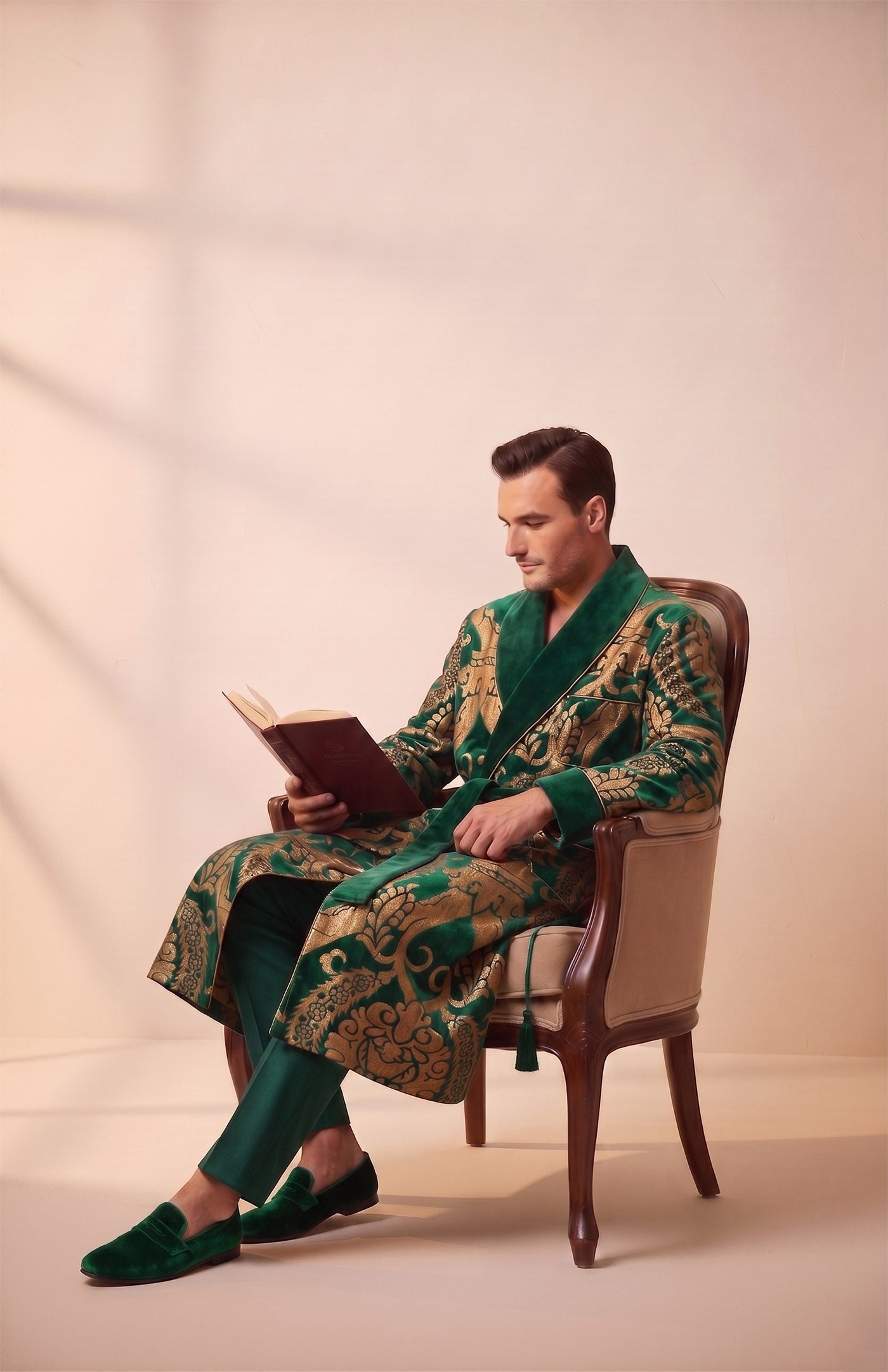 The Mysore Royal | Green Gold Foiled Quilted Velvet Robe for Men