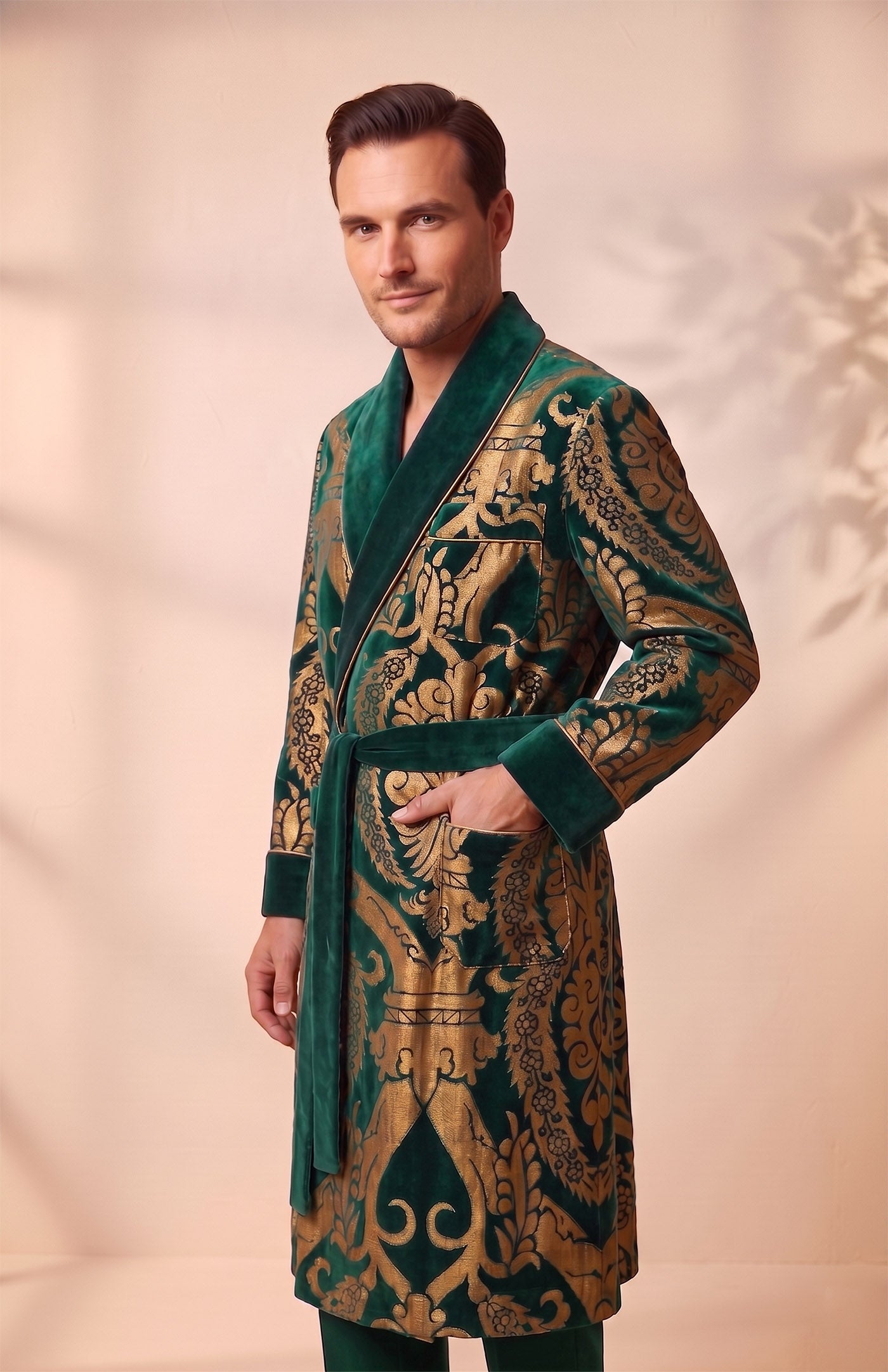 The Mysore Royal | Green Gold Foiled Quilted Velvet Robe for Men