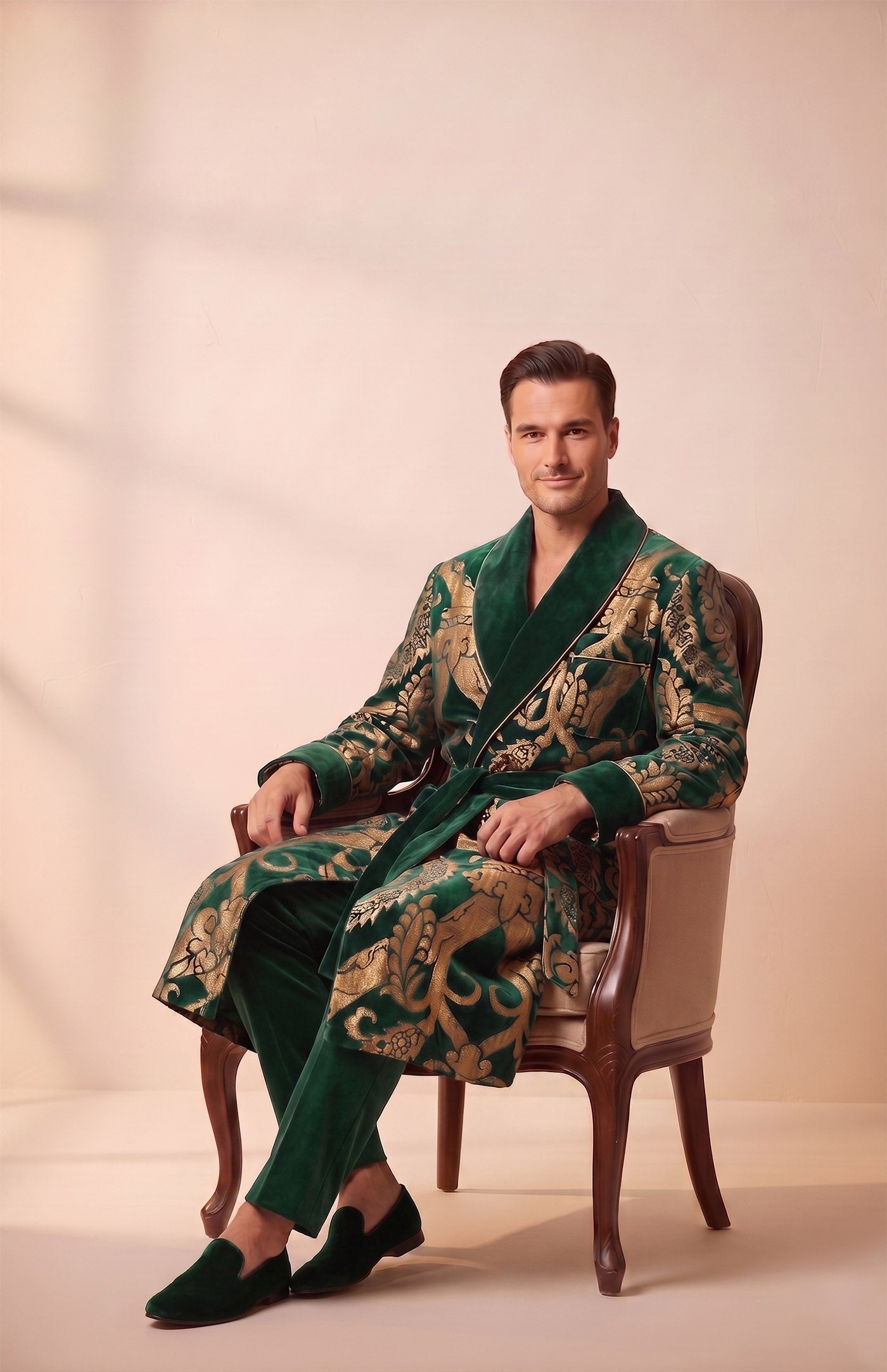 The Mysore Royal | Green Gold Foiled Quilted Velvet Robe for Men