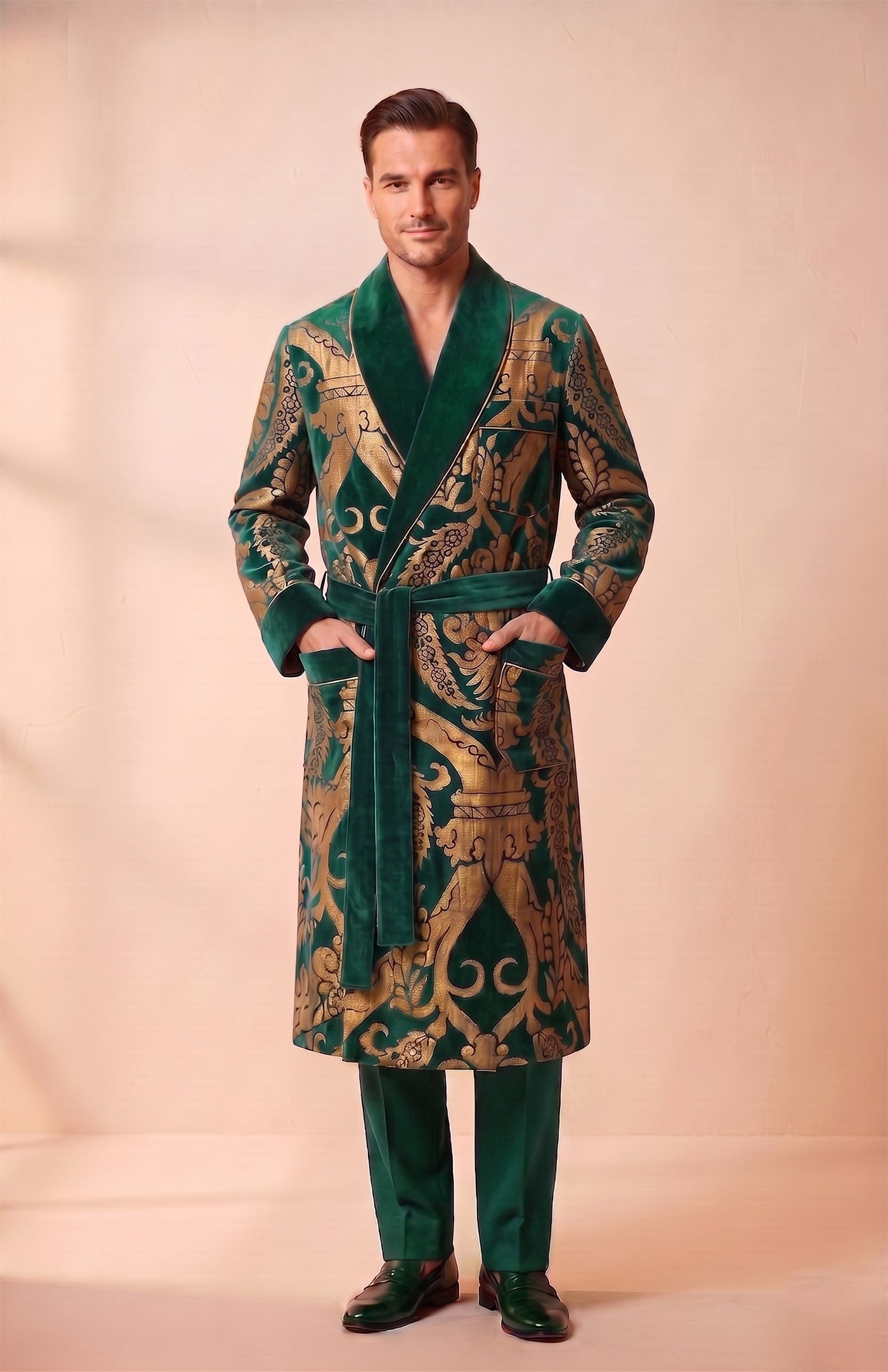 The Mysore Royal | Green Gold Foiled Quilted Velvet Robe for Men