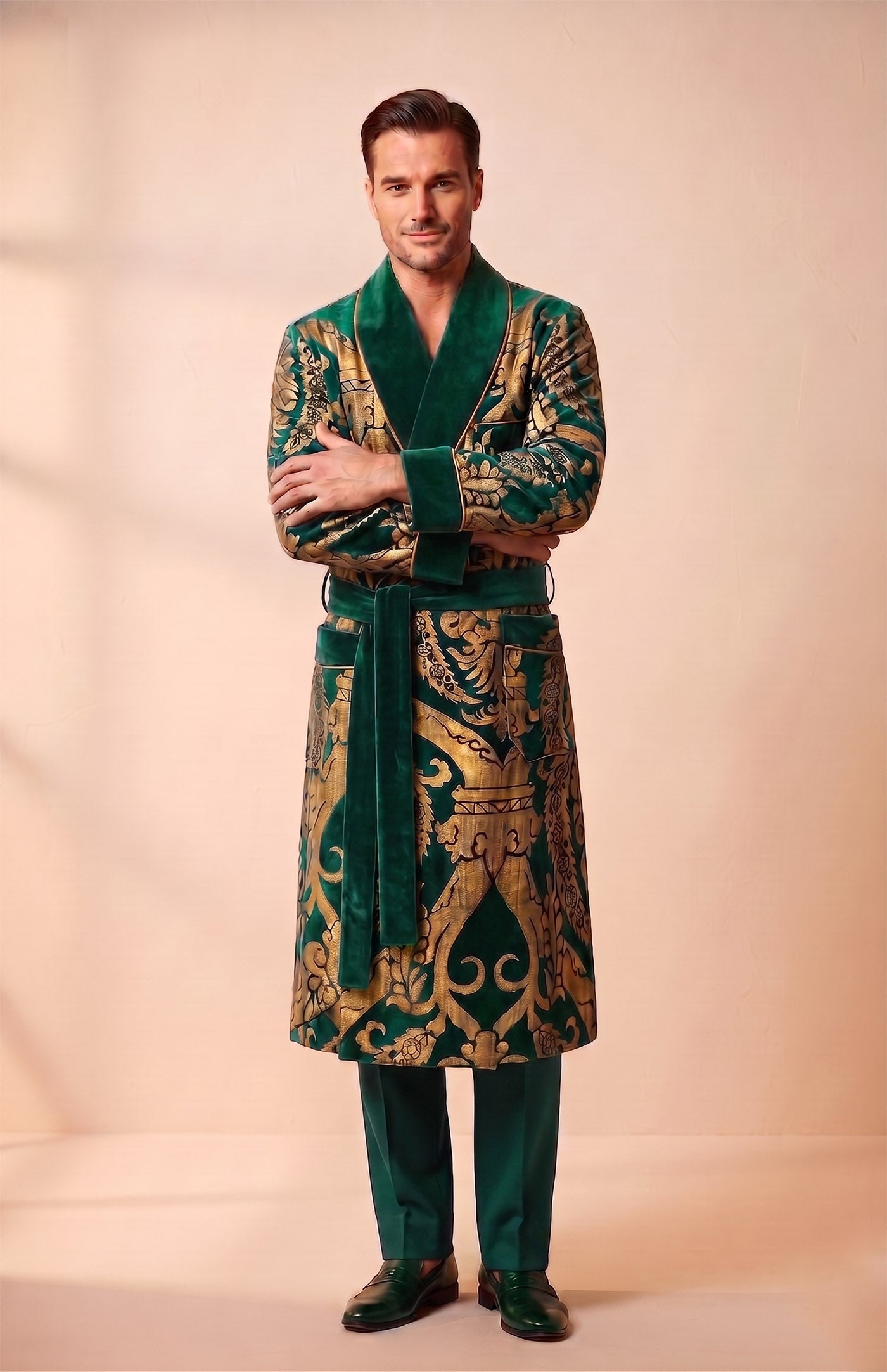 The Mysore Royal | Green Gold Foiled Quilted Velvet Robe for Men