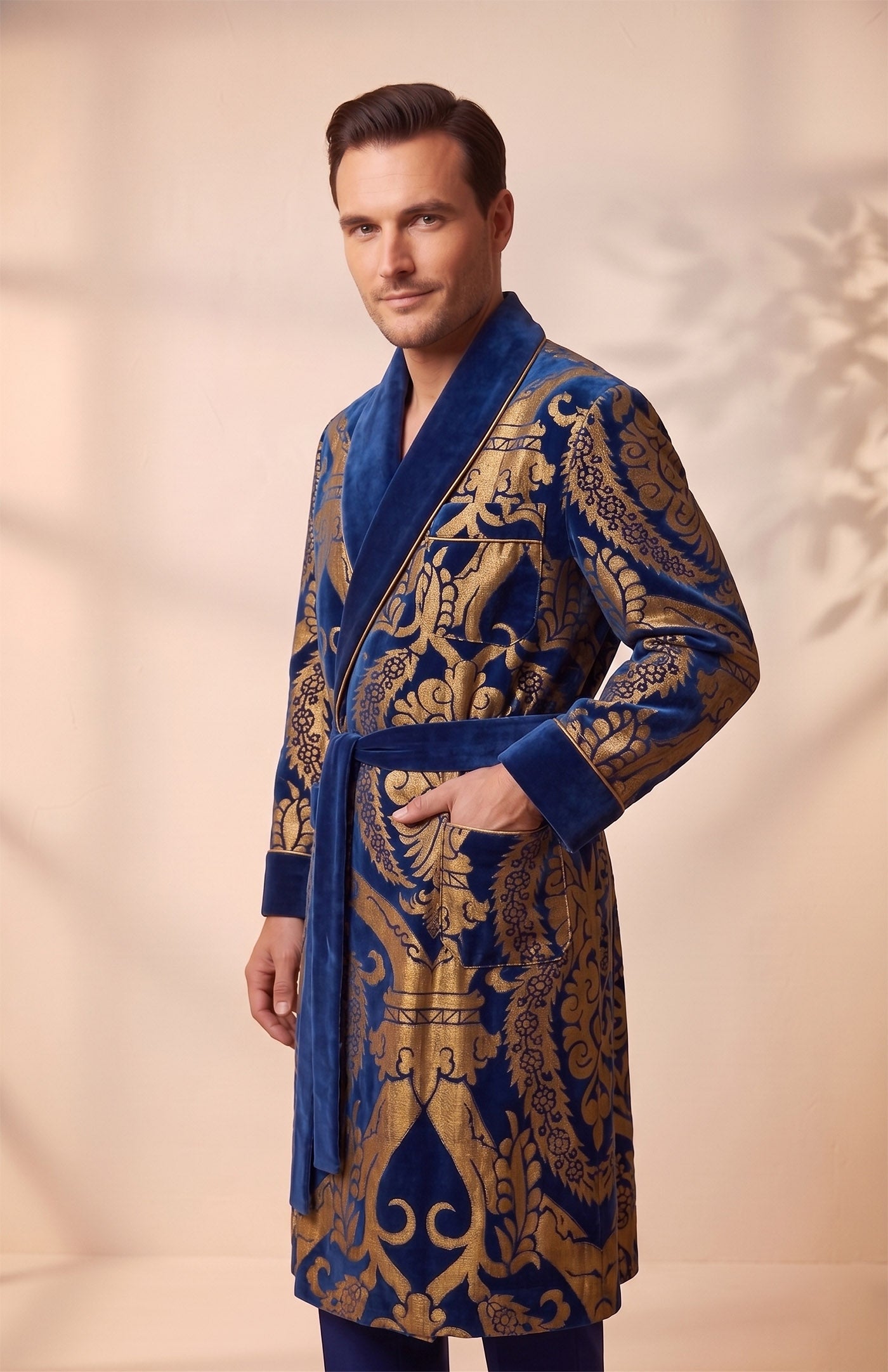 The Baroda Royal | Blue Gold Foiled Quilted Velvet Robe for Men