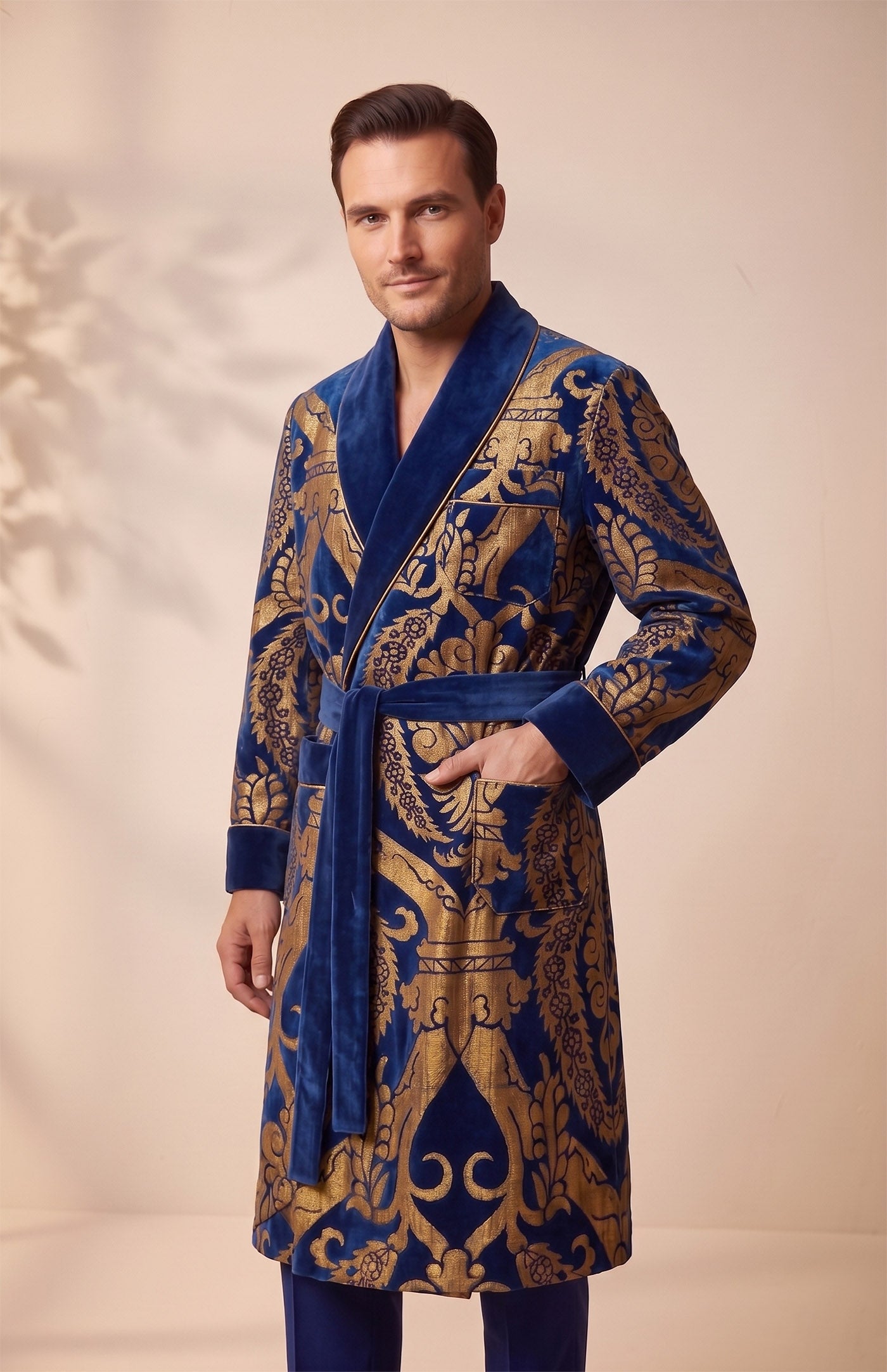 The Baroda Royal | Blue Gold Foiled Quilted Velvet Robe for Men