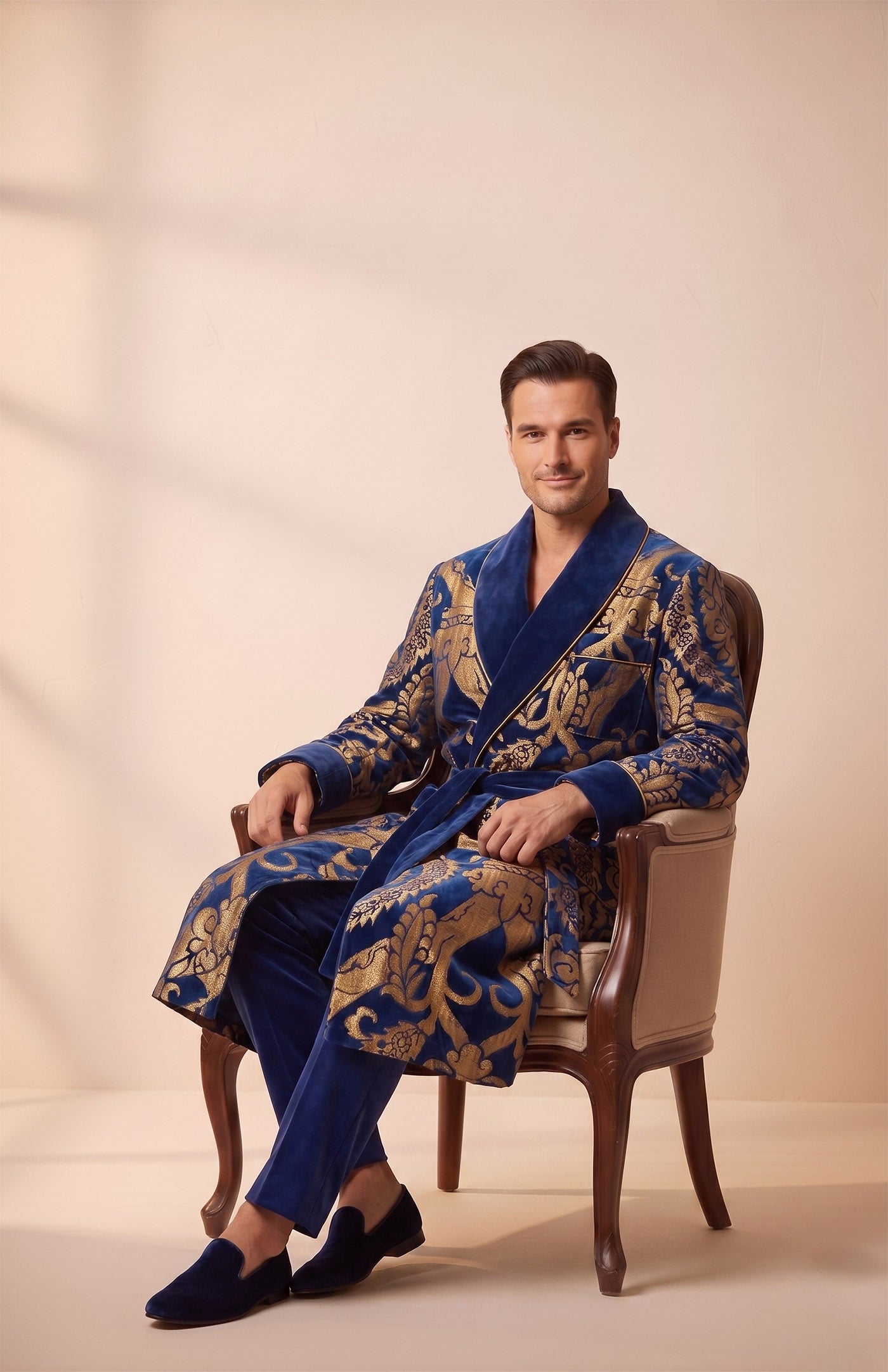 The Baroda Royal | Blue Gold Foiled Quilted Velvet Robe for Men