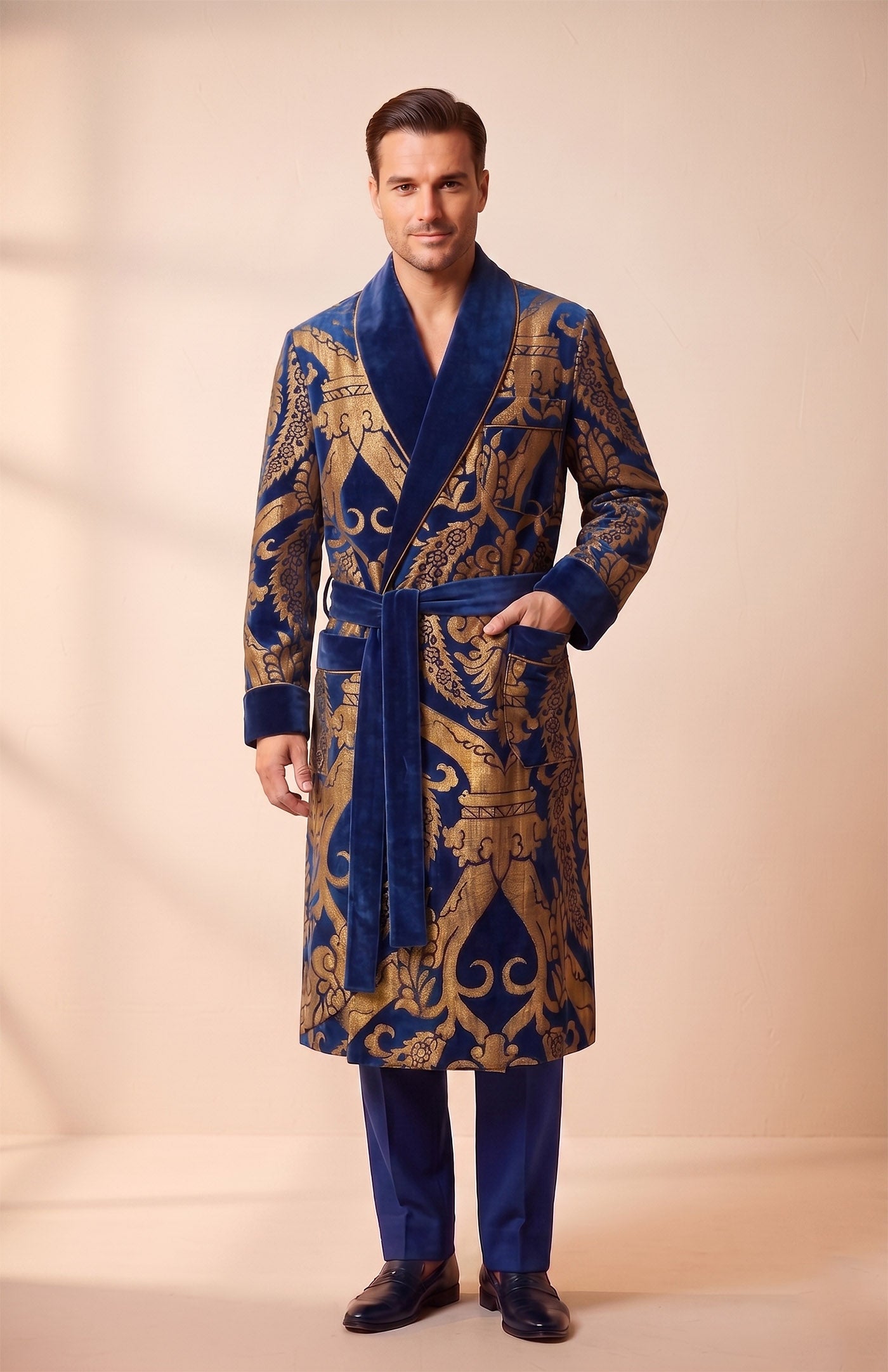 The Baroda Royal | Blue Gold Foiled Quilted Velvet Robe for Men