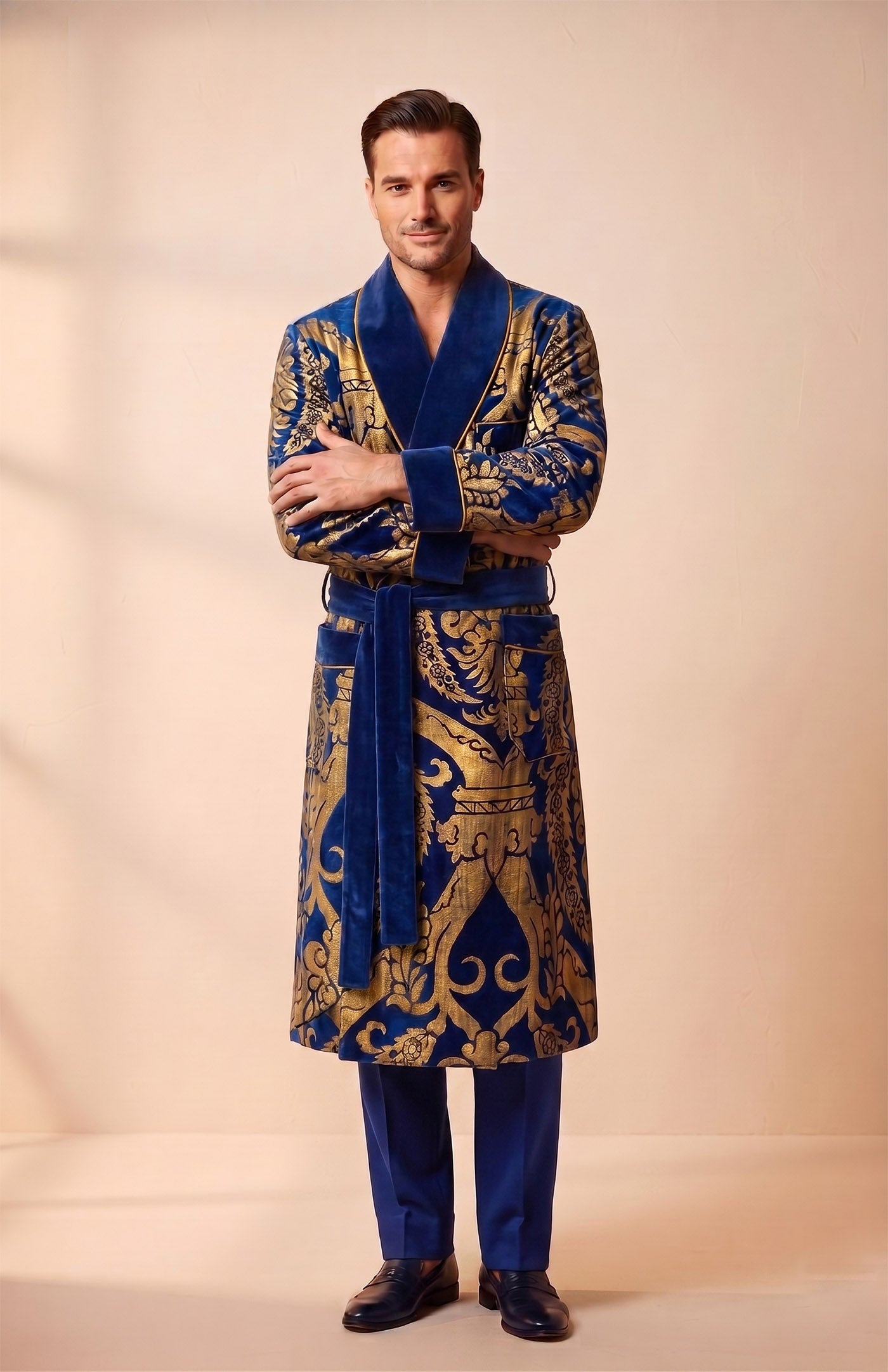 The Baroda Royal | Blue Gold Foiled Quilted Velvet Robe for Men
