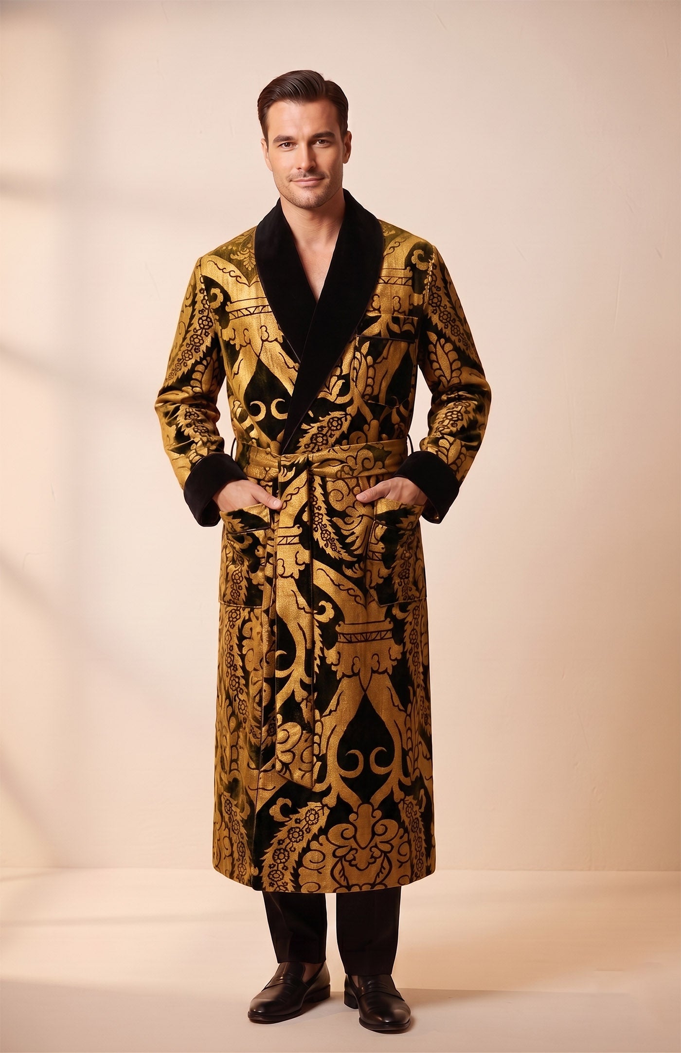 The Patiala Royal | Black Foiled Quilted Velvet Robe for Men