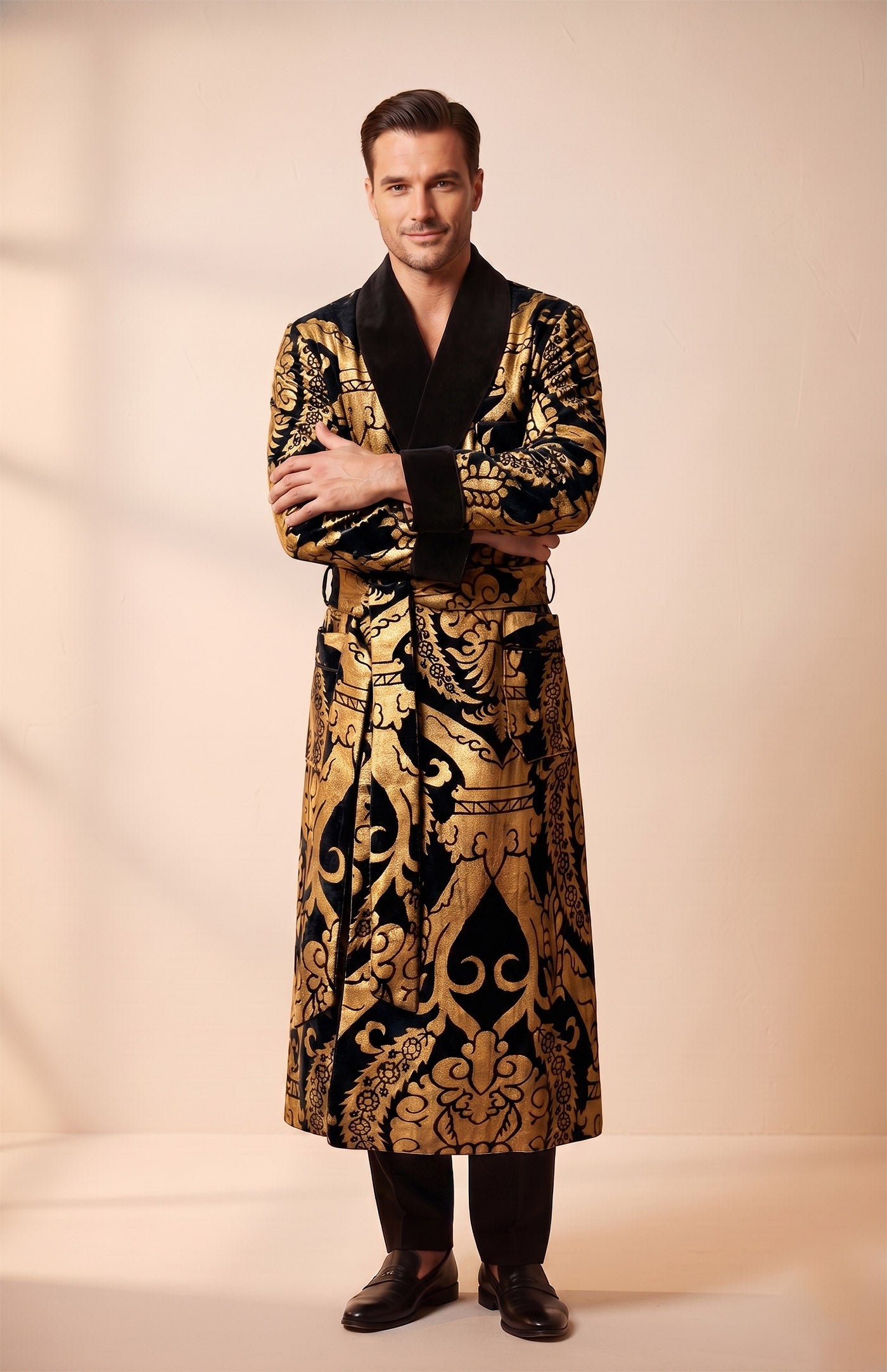 The Patiala Royal | Black Foiled Quilted Velvet Robe for Men