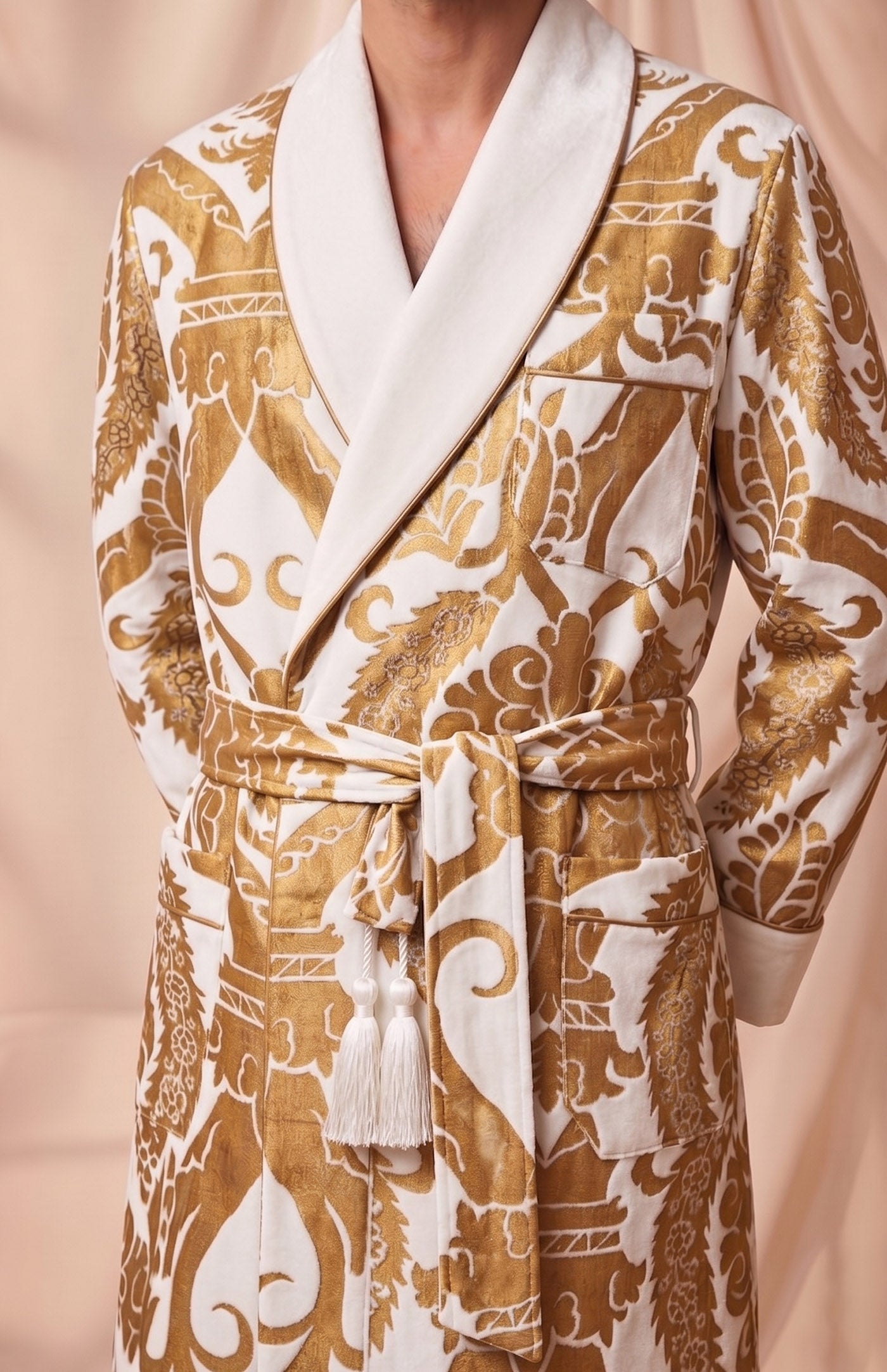 The Jaipur Royal | Ivory Gold Foiled Quilted Velvet Robe for Men