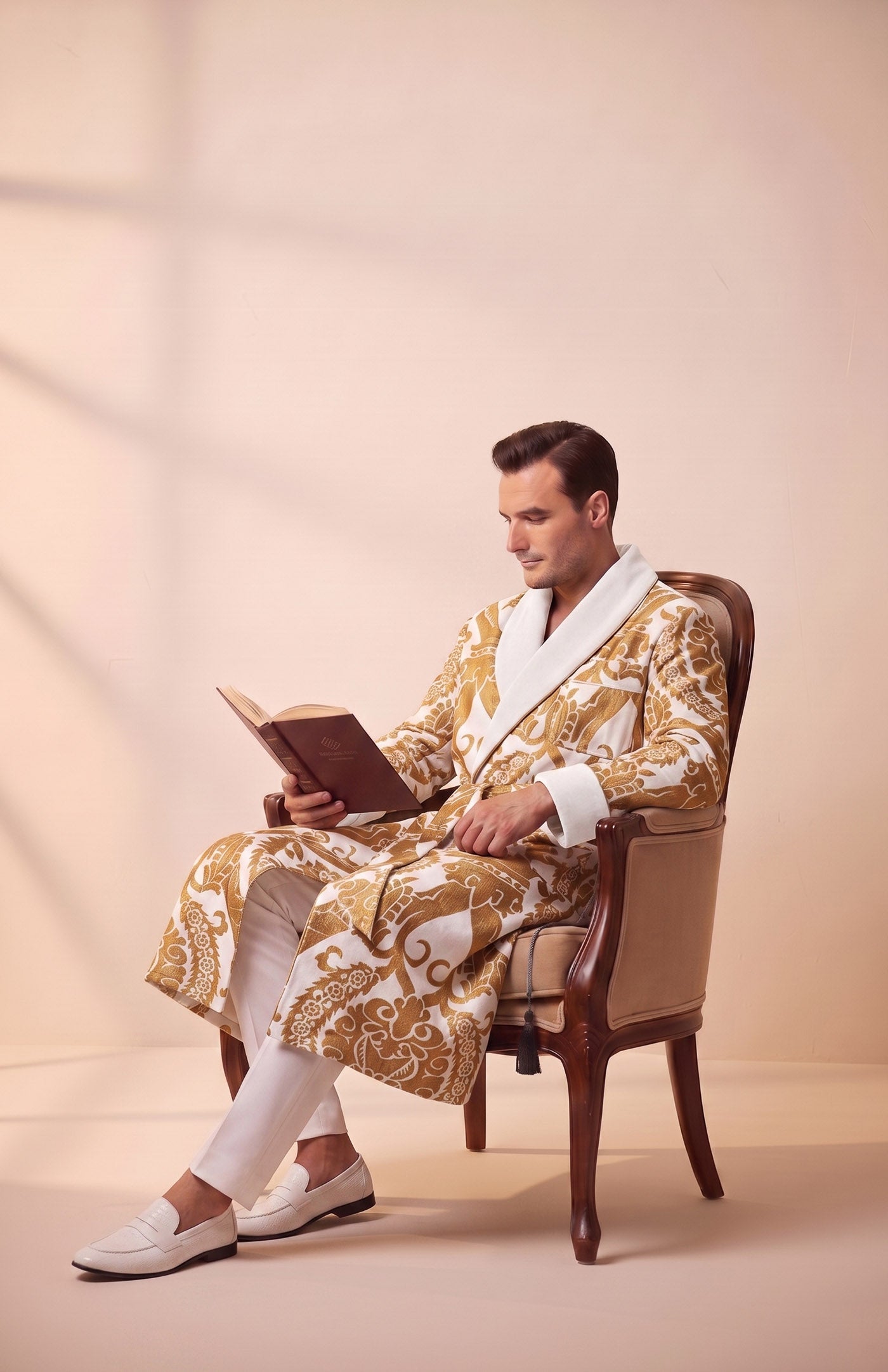 The Jaipur Royal | Ivory Gold Foiled Quilted Velvet Robe for Men