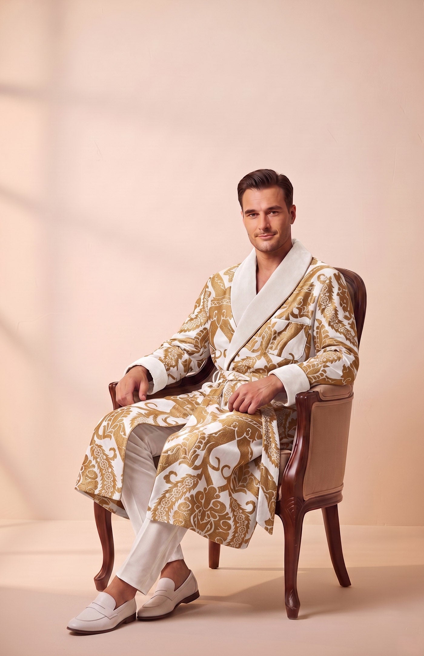 The Jaipur Royal | Ivory Gold Foiled Quilted Velvet Robe for Men