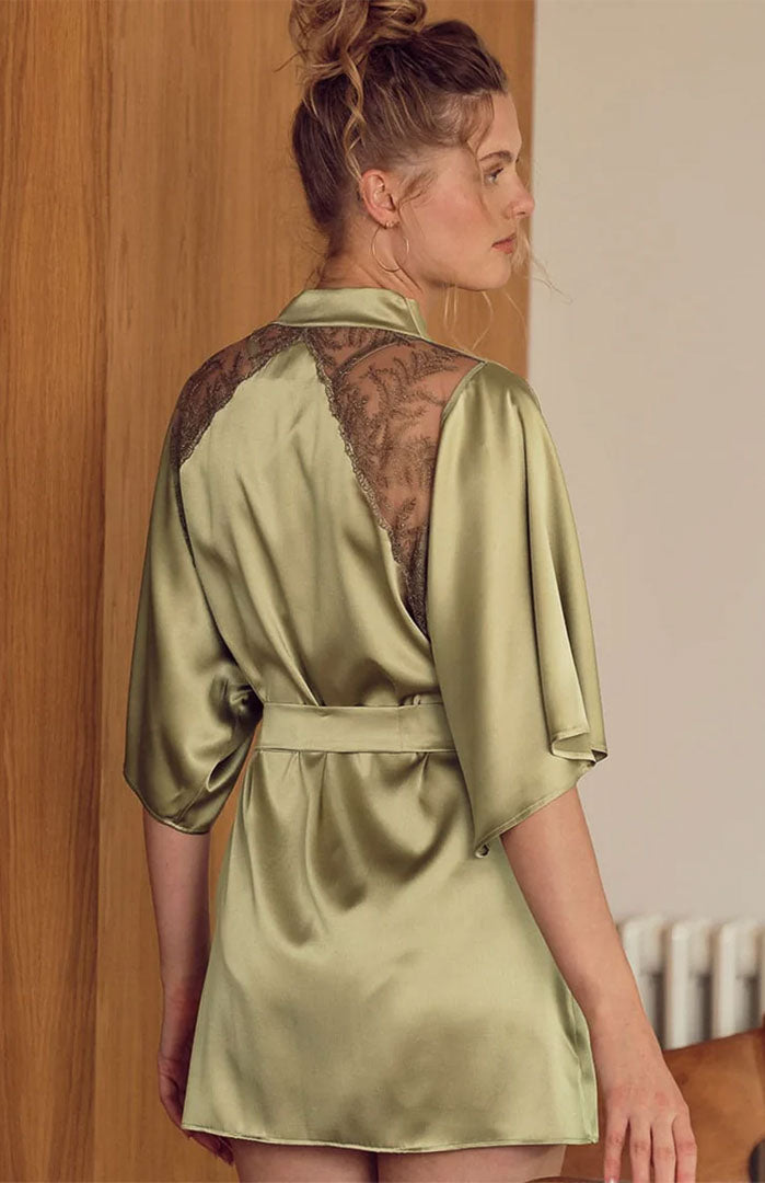 Olive Babe | Olive Green Couture Satin Robe with lace