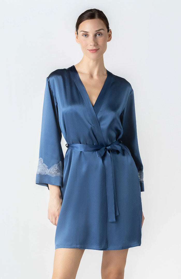 Midnight Serenity | Navy Blue Couture Satin & Lace Robe