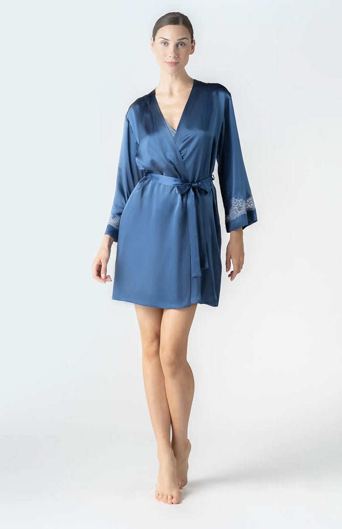 Midnight Serenity | Navy Blue Couture Satin & Lace Robe