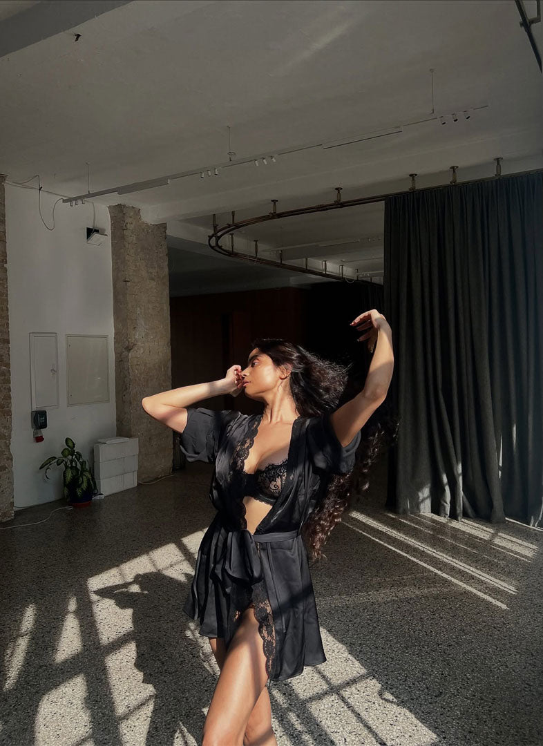 Midnight Allure | Black Couture Lace Satin Robe