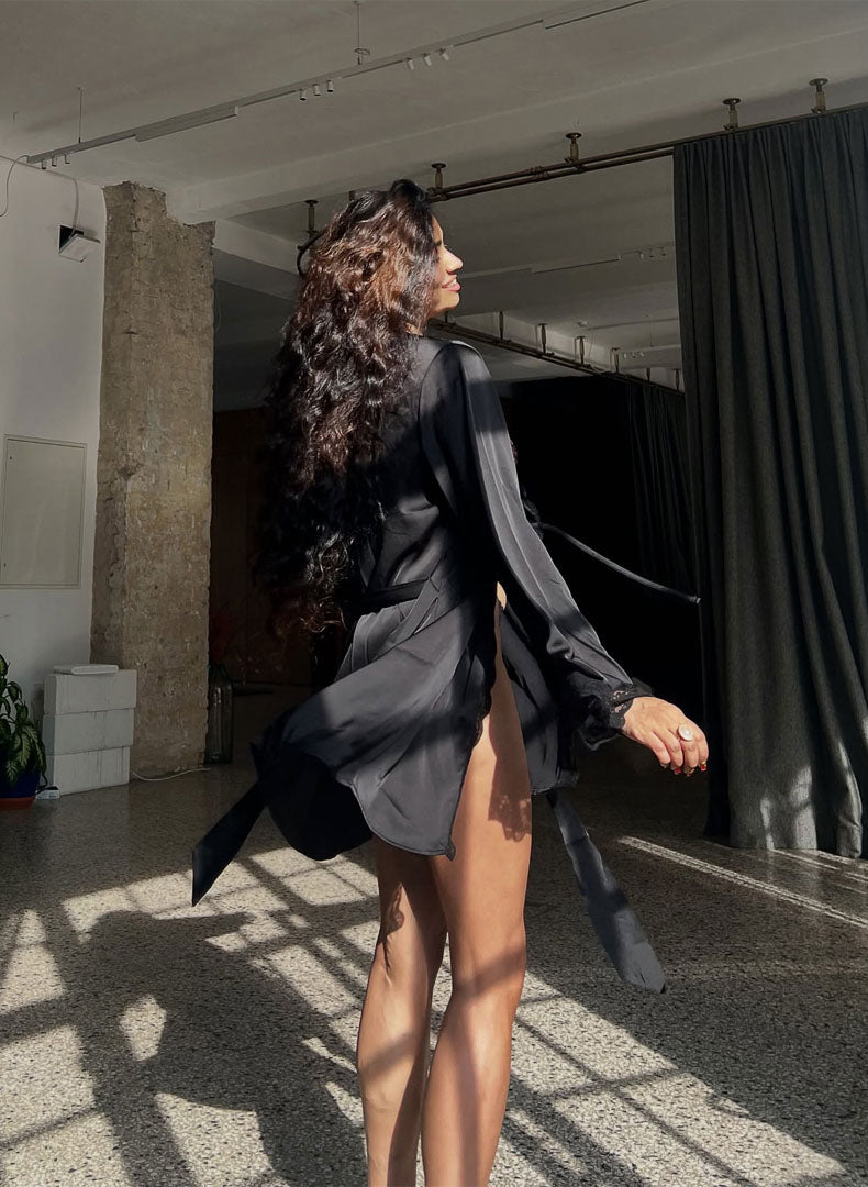 Midnight Allure | Black Couture Lace Satin Robe