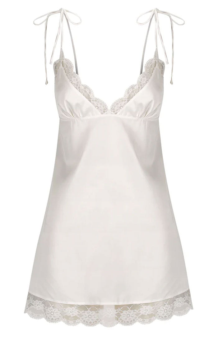 Moonlit Whisper | White Couture Satin & Lace Mini Slip