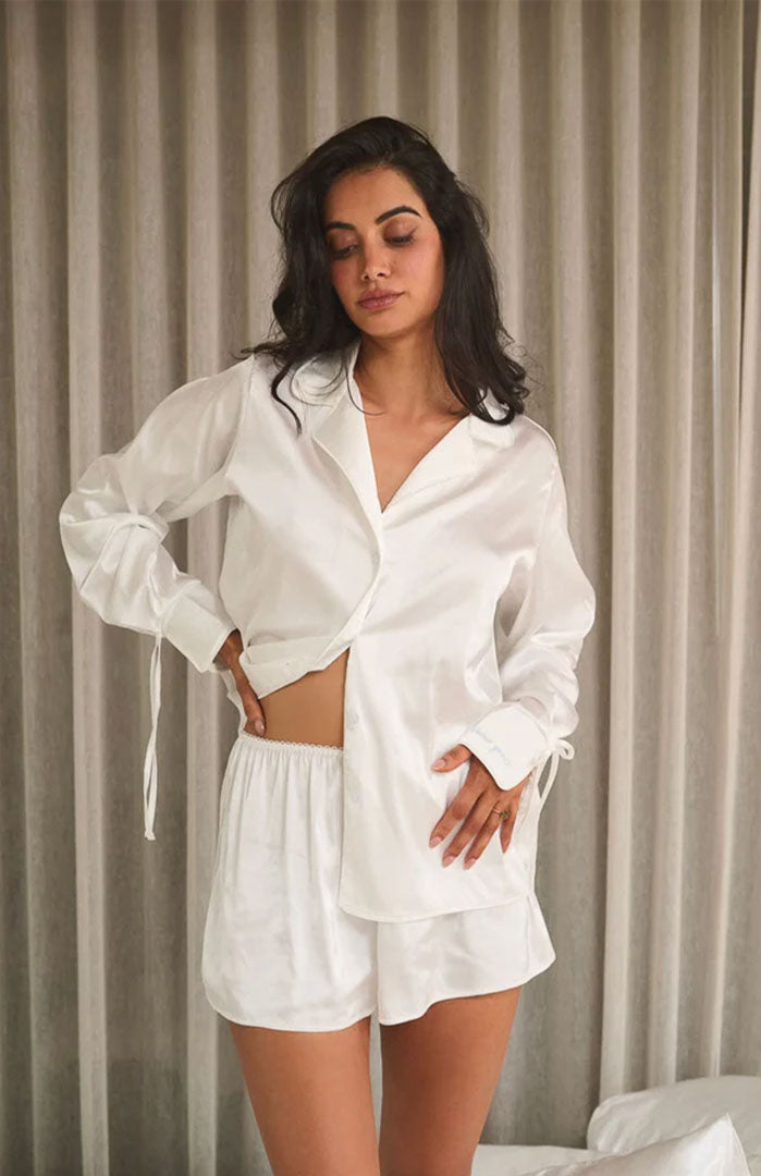 Vanilla Silk | White Satin Shirt & Shorts Set