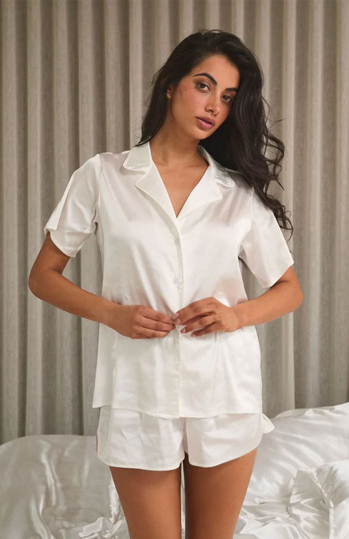 White Satin Short-Sleeve Shirt & Shorts Set