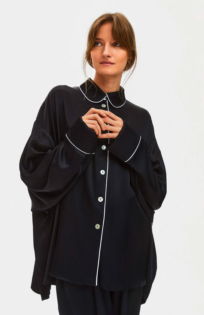 Monochrome Muse | Black Piped Satin Wide-Leg Set