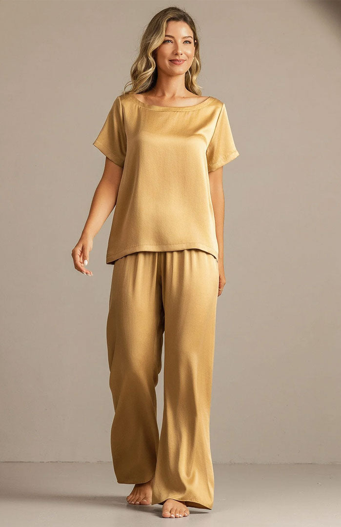 The Champagne Glow Set – Luxury Gold Satin Loungewear