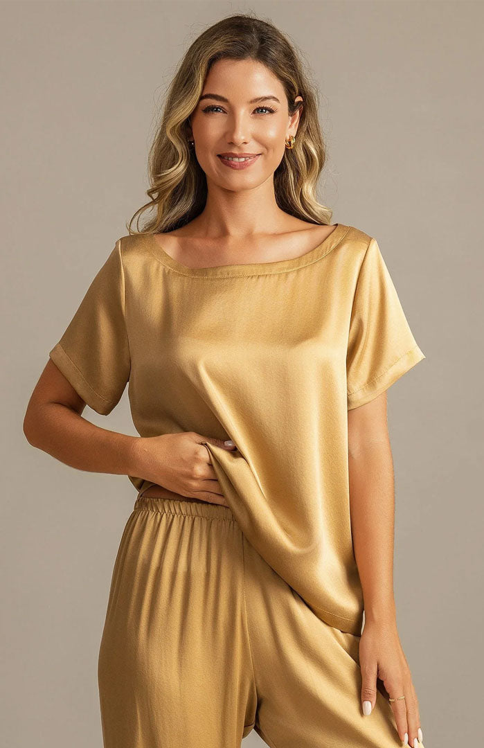 The Champagne Glow Set – Luxury Gold Satin Loungewear