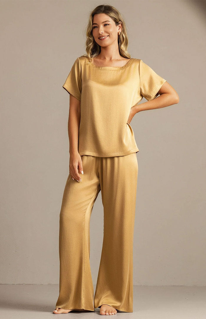 The Champagne Glow Set – Luxury Gold Satin Loungewear