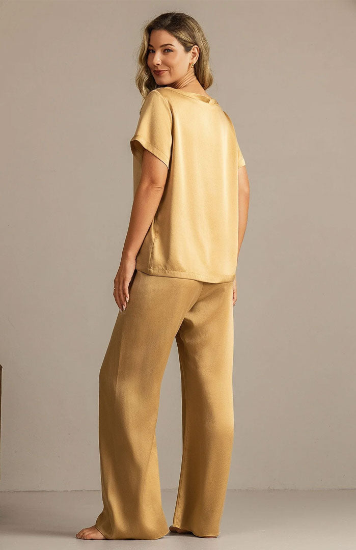 The Champagne Glow Set – Luxury Gold Satin Loungewear