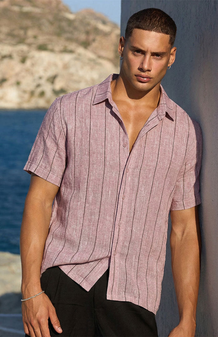 Rosé Riviera | Dusty Pink Striped Linen Blend Resort Shirt