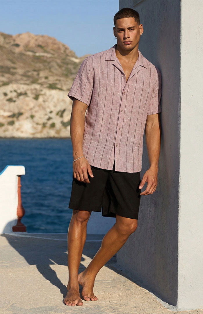 Rosé Riviera | Dusty Pink Striped Linen Blend Resort Shirt