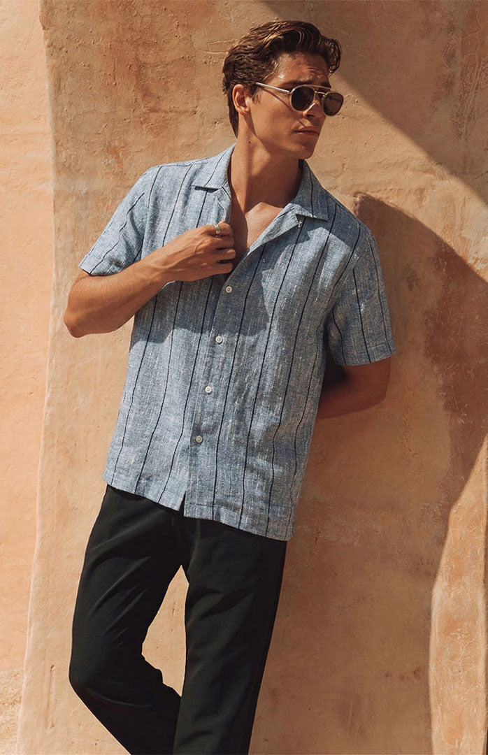 Azure Coast | Blue Striped Linen Blend Resort Shirt