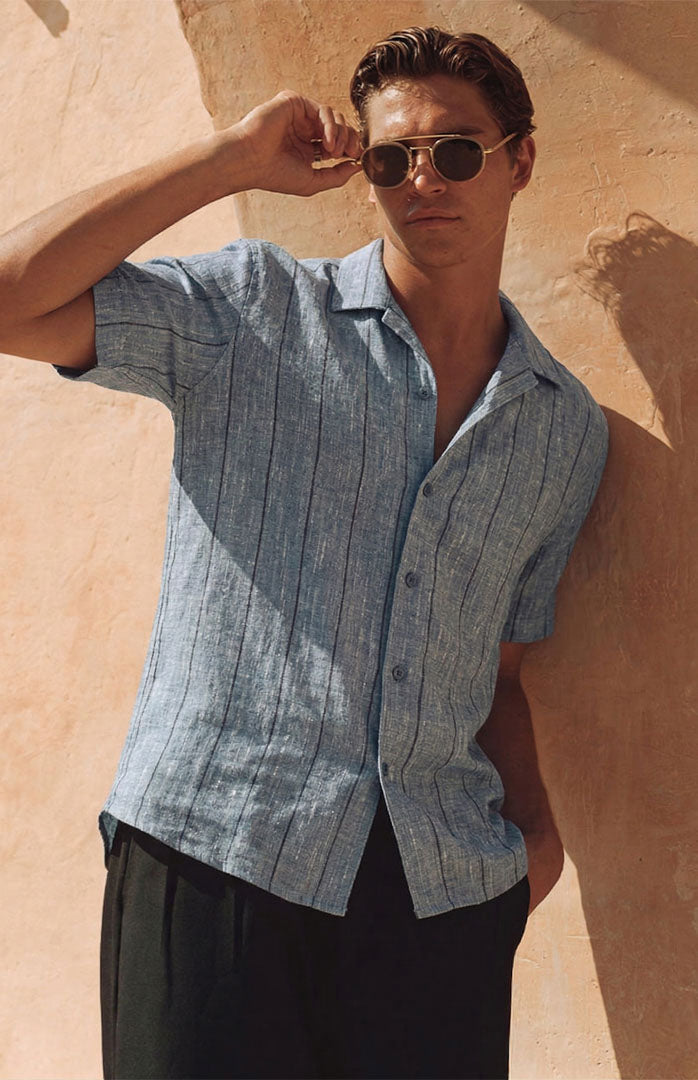 Azure Coast | Blue Striped Linen Blend Resort Shirt