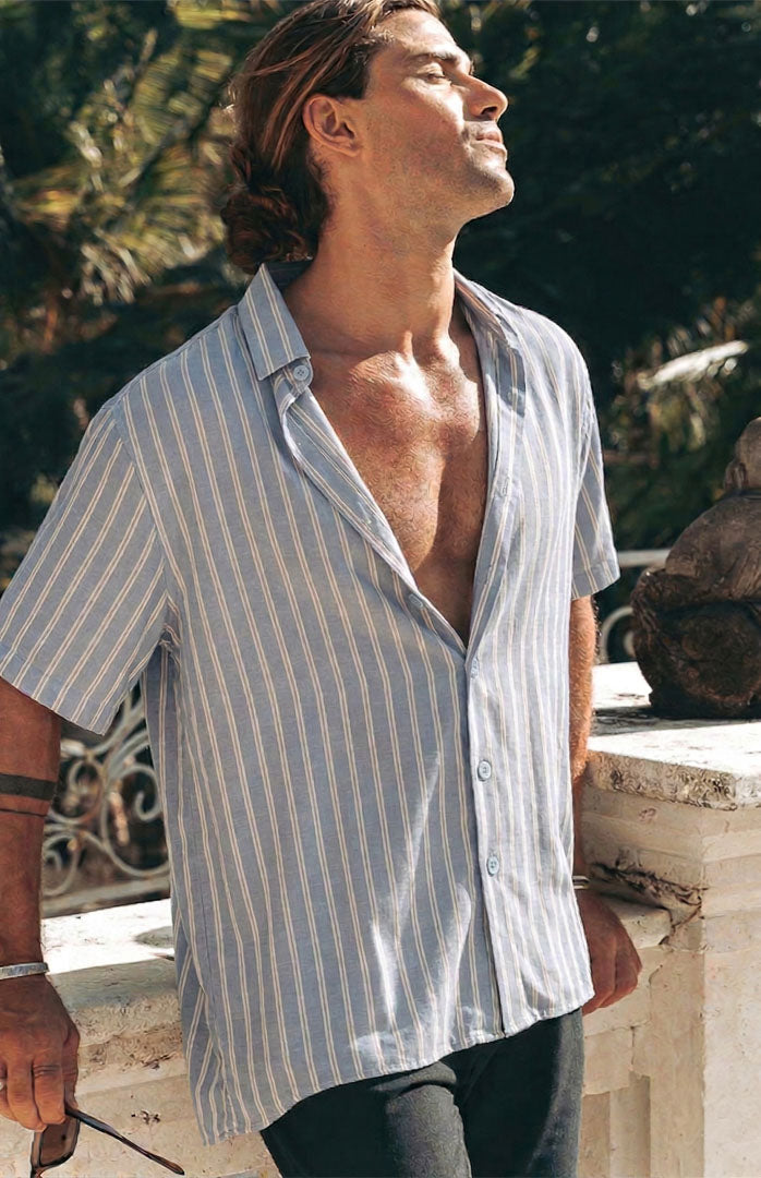 Blue Steel Riviera | Blue-Silver Striped Linen Blend Resort Shirt