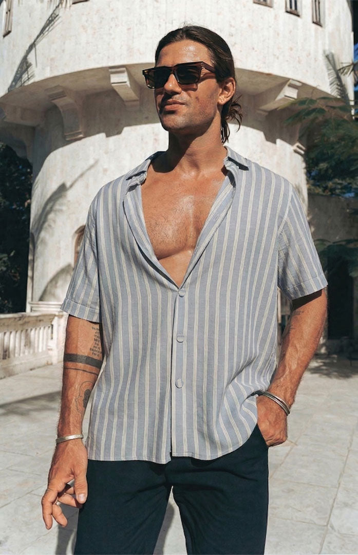 Blue Steel Riviera | Blue-Silver Striped Linen Blend Resort Shirt