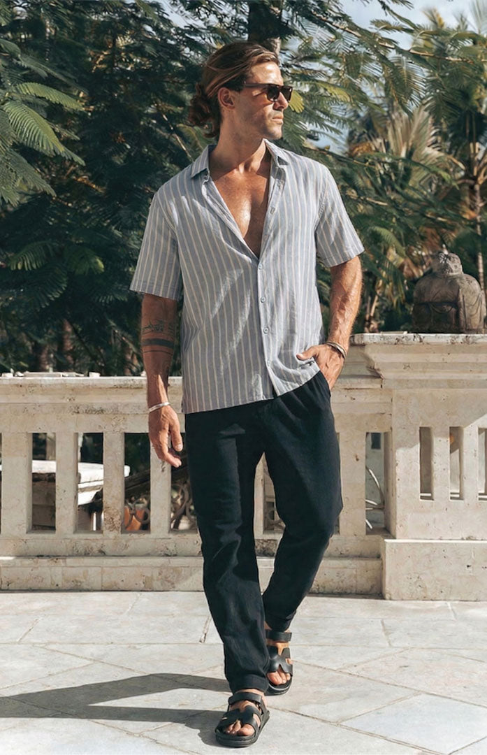 Blue Steel Riviera | Blue-Silver Striped Linen Blend Resort Shirt