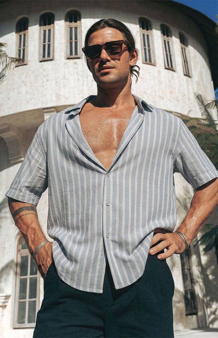 Blue Steel Riviera | Blue-Silver Striped Linen Blend Resort Shirt