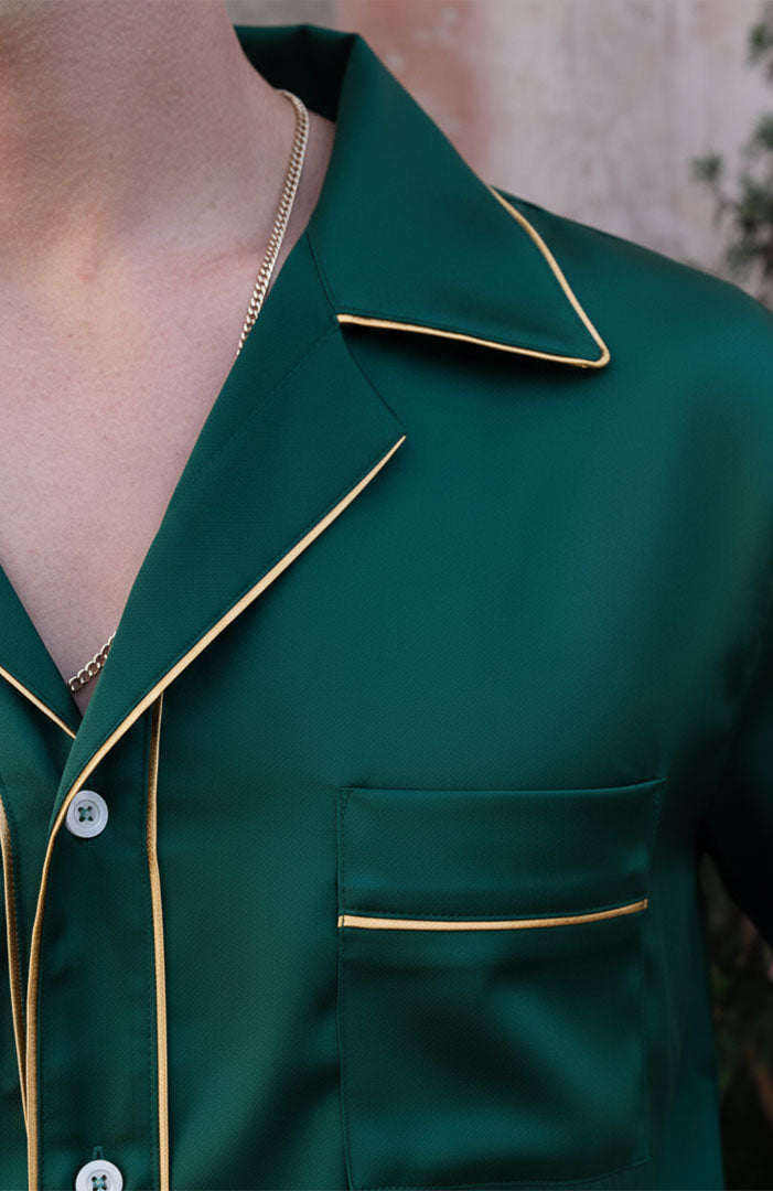 The Emerald Godfather | Green with Gold Detailing | Satin Loungewear Set